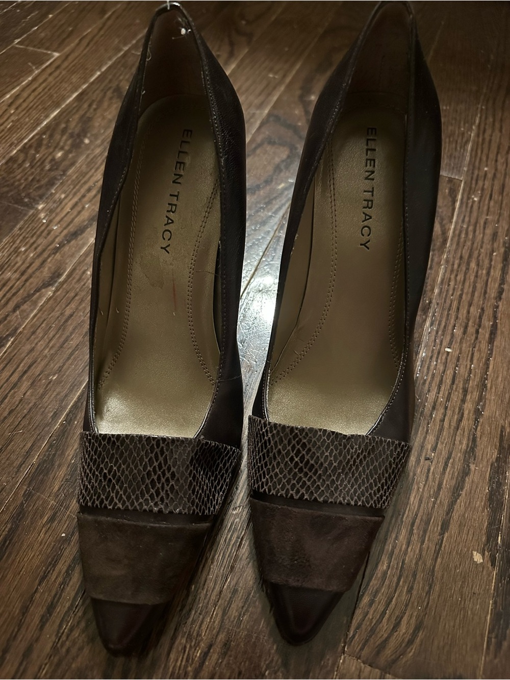 Ellen Tracy Brown Pointed Toe Pumps with Textured Band